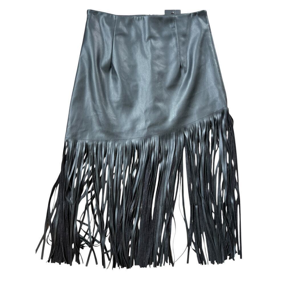 NWT BlueB collection Black Fringe Faux-Leather Midi Skirt M